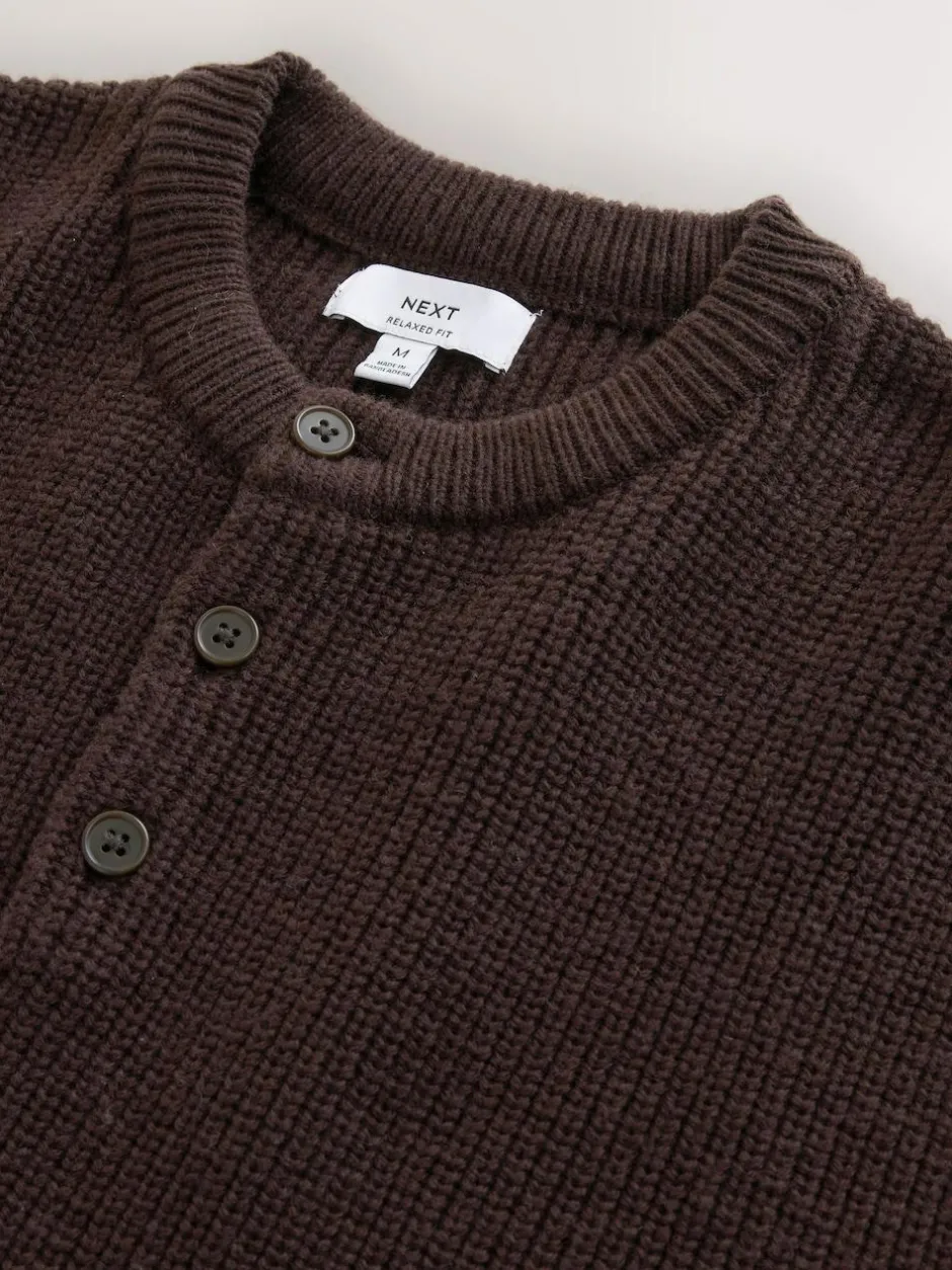 Next Chocolate Brown Relaxed Fit Ribbed Grandad Collar Jumper with Wool New