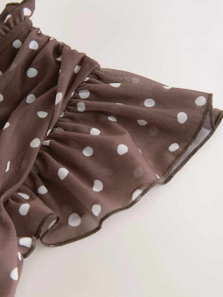 Next Pleated Mesh Print V-Neck Occasion Maxi Dress Chocolate Brown Spot New