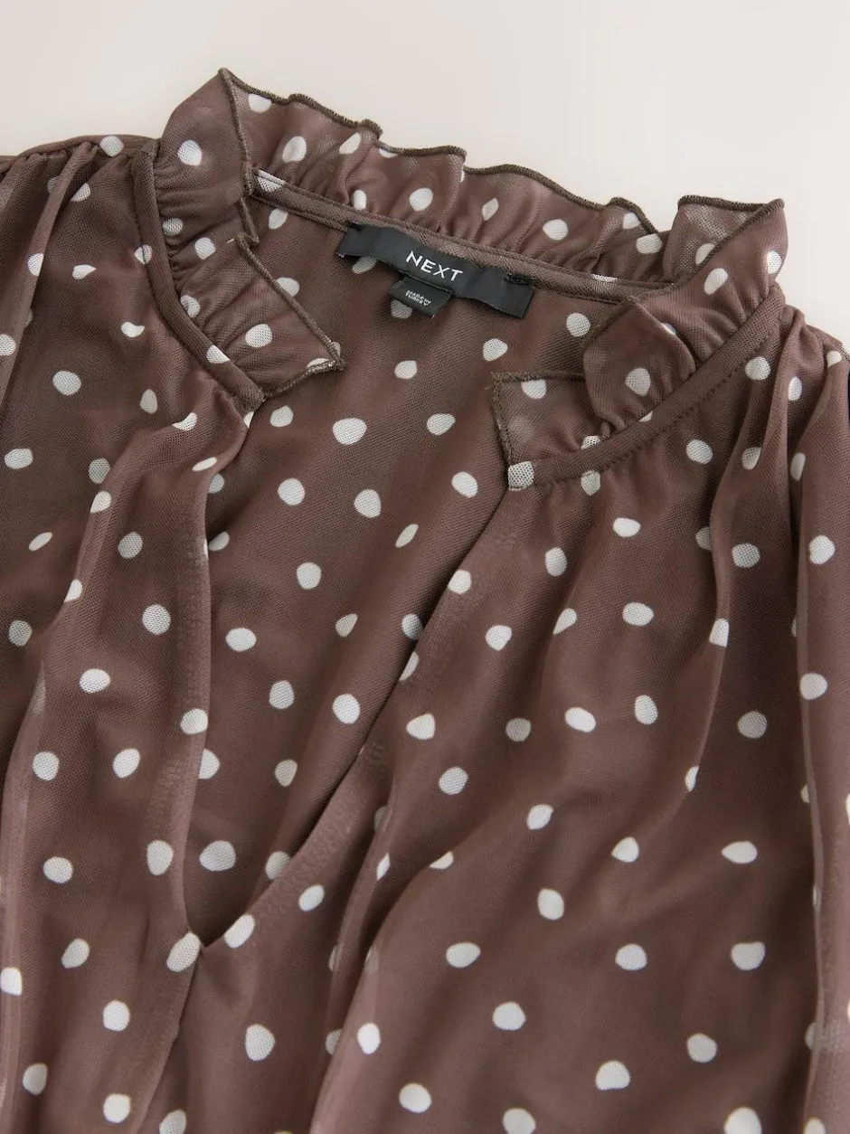 Next Pleated Mesh Print V-Neck Occasion Maxi Dress Chocolate Brown Spot New