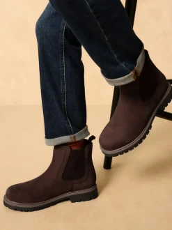 Next Standard Fit (F) Leather Warm Lined Chelsea Boots Chocolate Brown Clearance