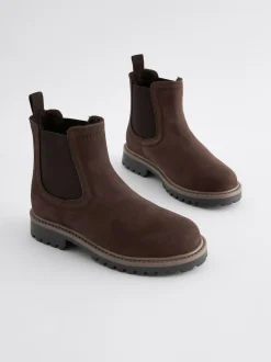 Next Standard Fit (F) Leather Warm Lined Chelsea Boots Chocolate Brown Clearance