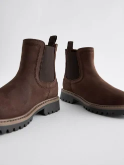 Next Standard Fit (F) Leather Warm Lined Chelsea Boots Chocolate Brown Clearance