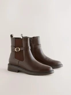 Next Standard/Wide Fit Buckled Chelsea Boots Chocolate Brown Sale