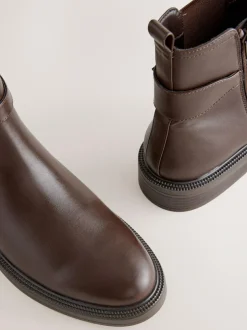 Next Standard/Wide Fit Buckled Chelsea Boots Chocolate Brown Sale