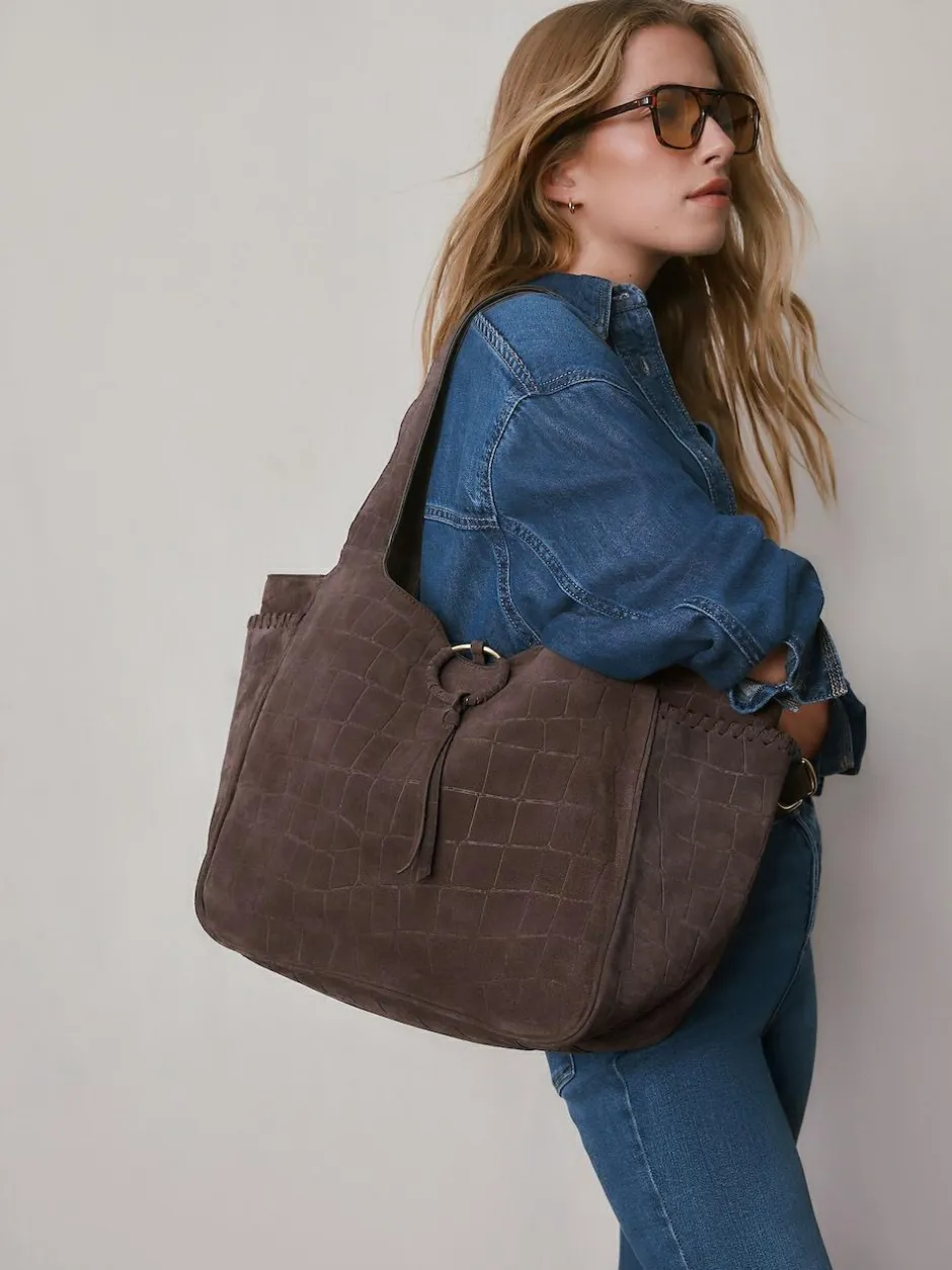 Next Chocolate Brown Suede Croc Effect Shoulder Bag New