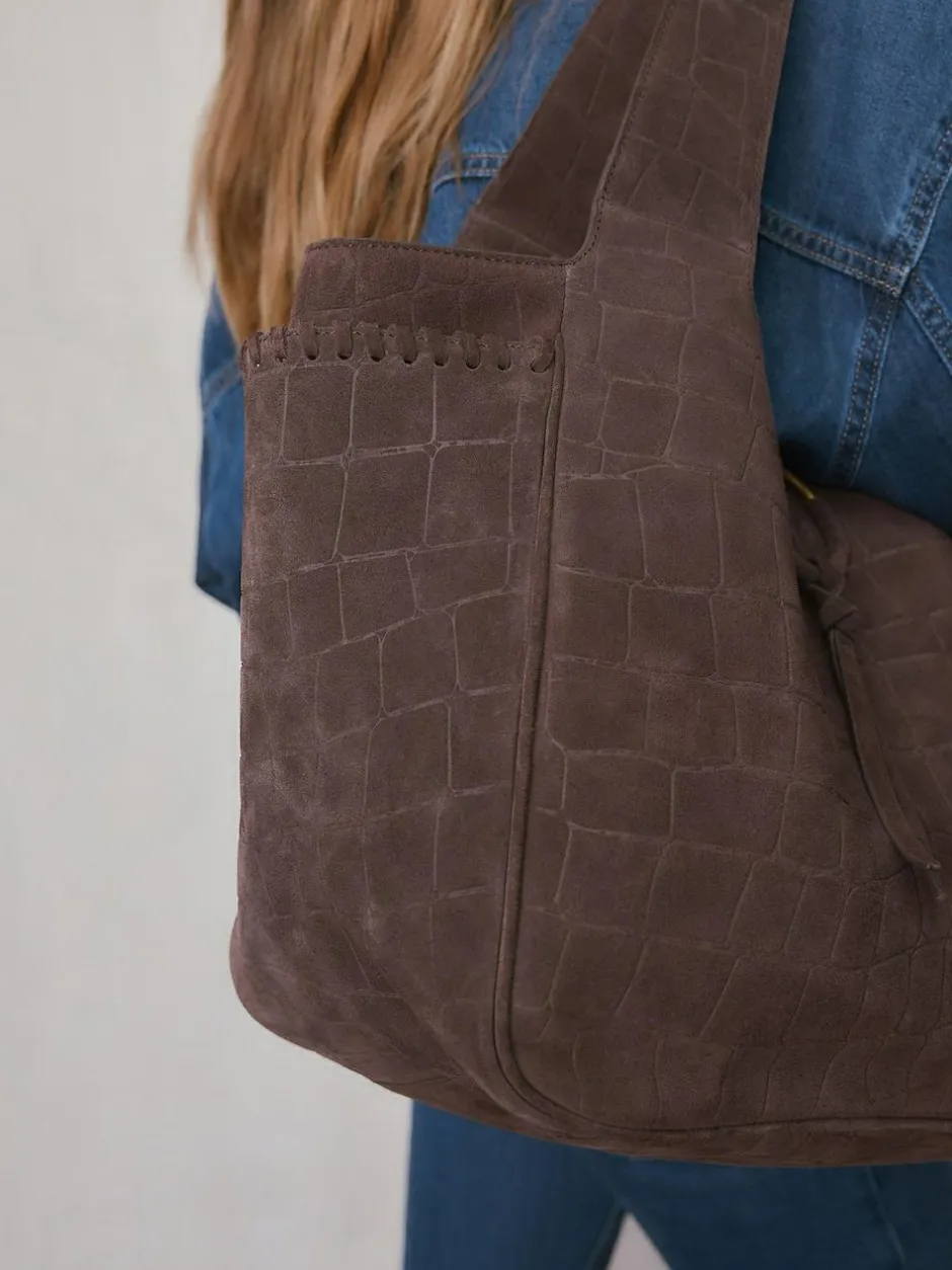 Next Chocolate Brown Suede Croc Effect Shoulder Bag New