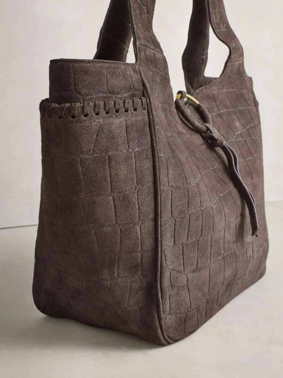 Next Chocolate Brown Suede Croc Effect Shoulder Bag New