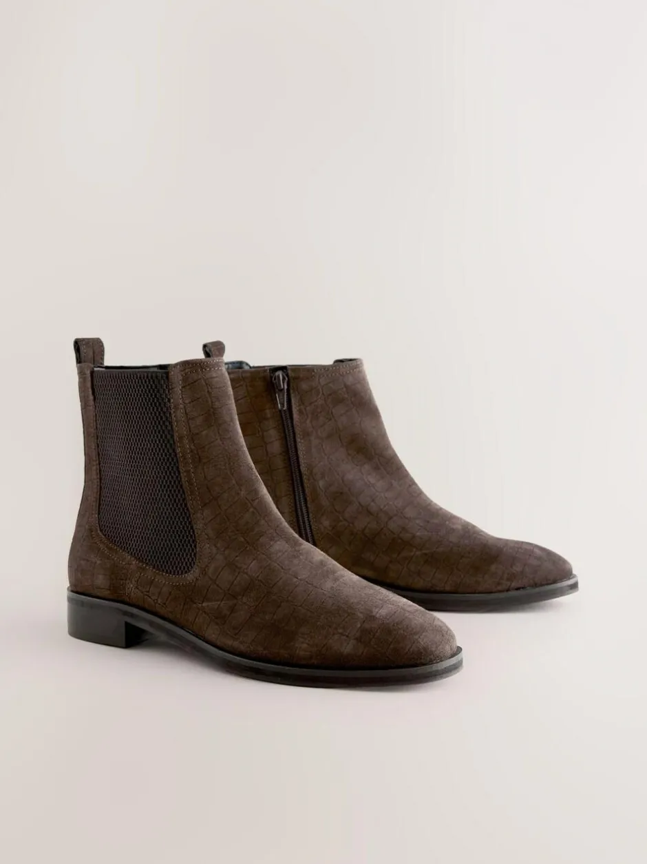 Next Chocolate Brown Suede Embossed Standard/Wide Fit Forever Comfort® Chelsea Ankle Boots
