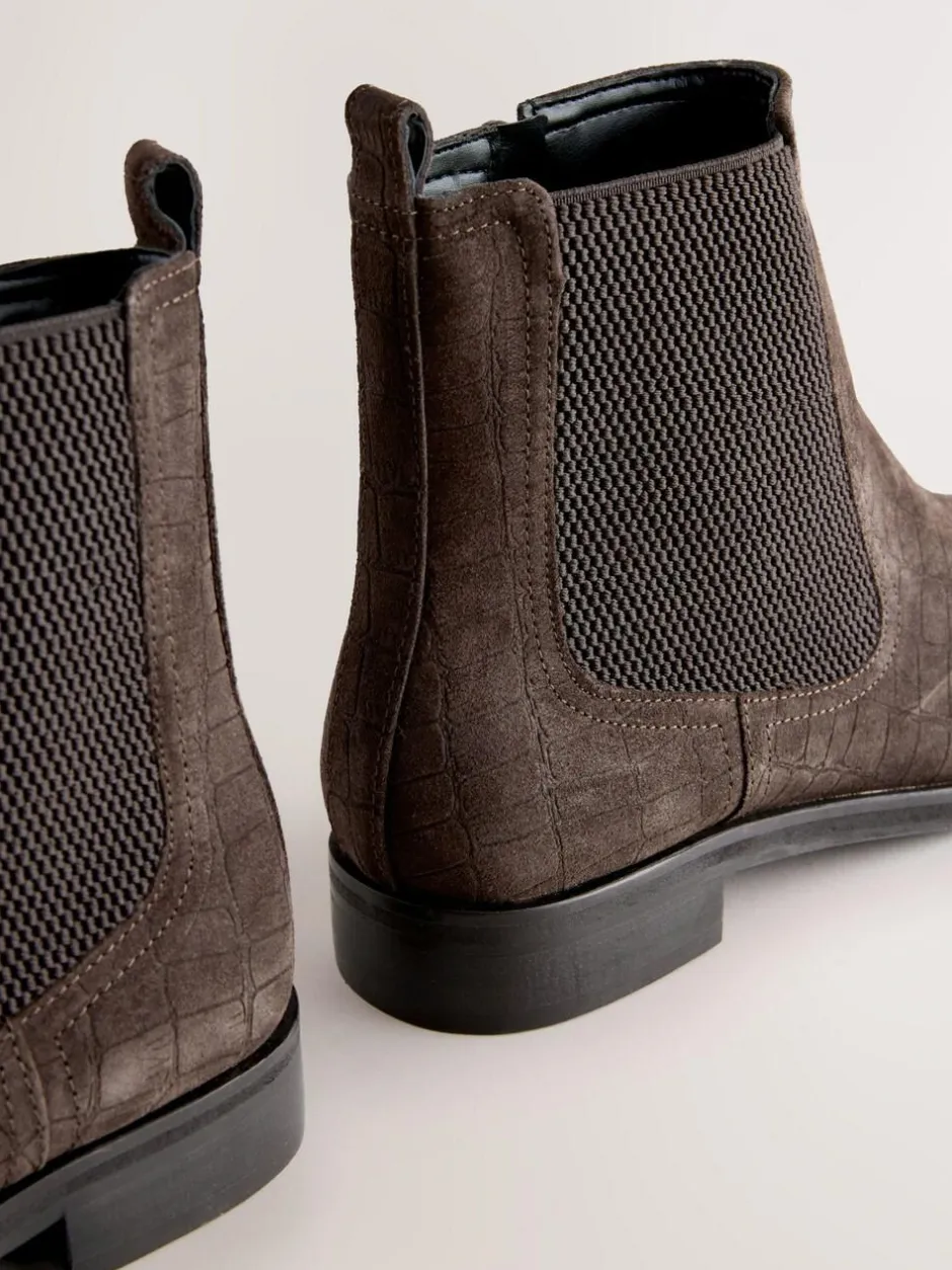 Next Chocolate Brown Suede Embossed Standard/Wide Fit Forever Comfort® Chelsea Ankle Boots
