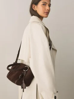 Next Chocolate Brown Suede Flower Charm Cross-Body Bag New