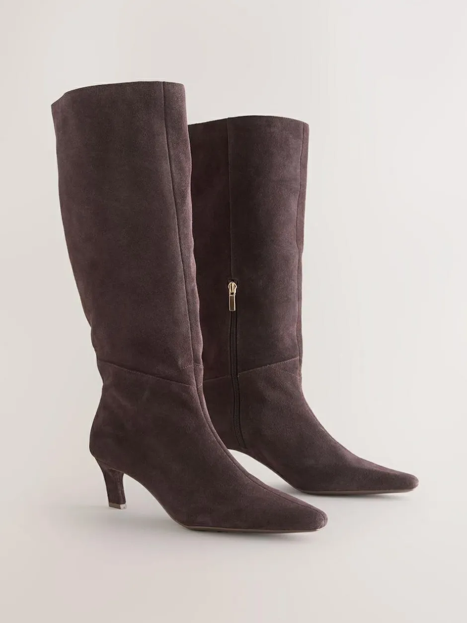 Next Forever Comfort® Knee High Chisel Toe Heeled Boots Chocolate Brown Suede Hot