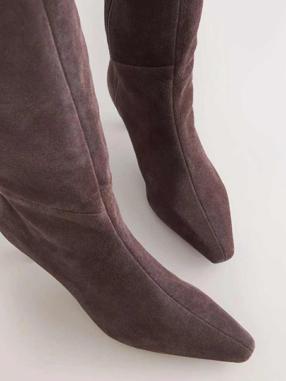 Next Forever Comfort® Knee High Chisel Toe Heeled Boots Chocolate Brown Suede Hot