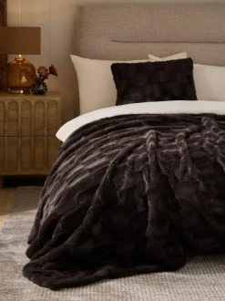 Next Textured Faux Fur Check Throw Chocolate Brown Sale