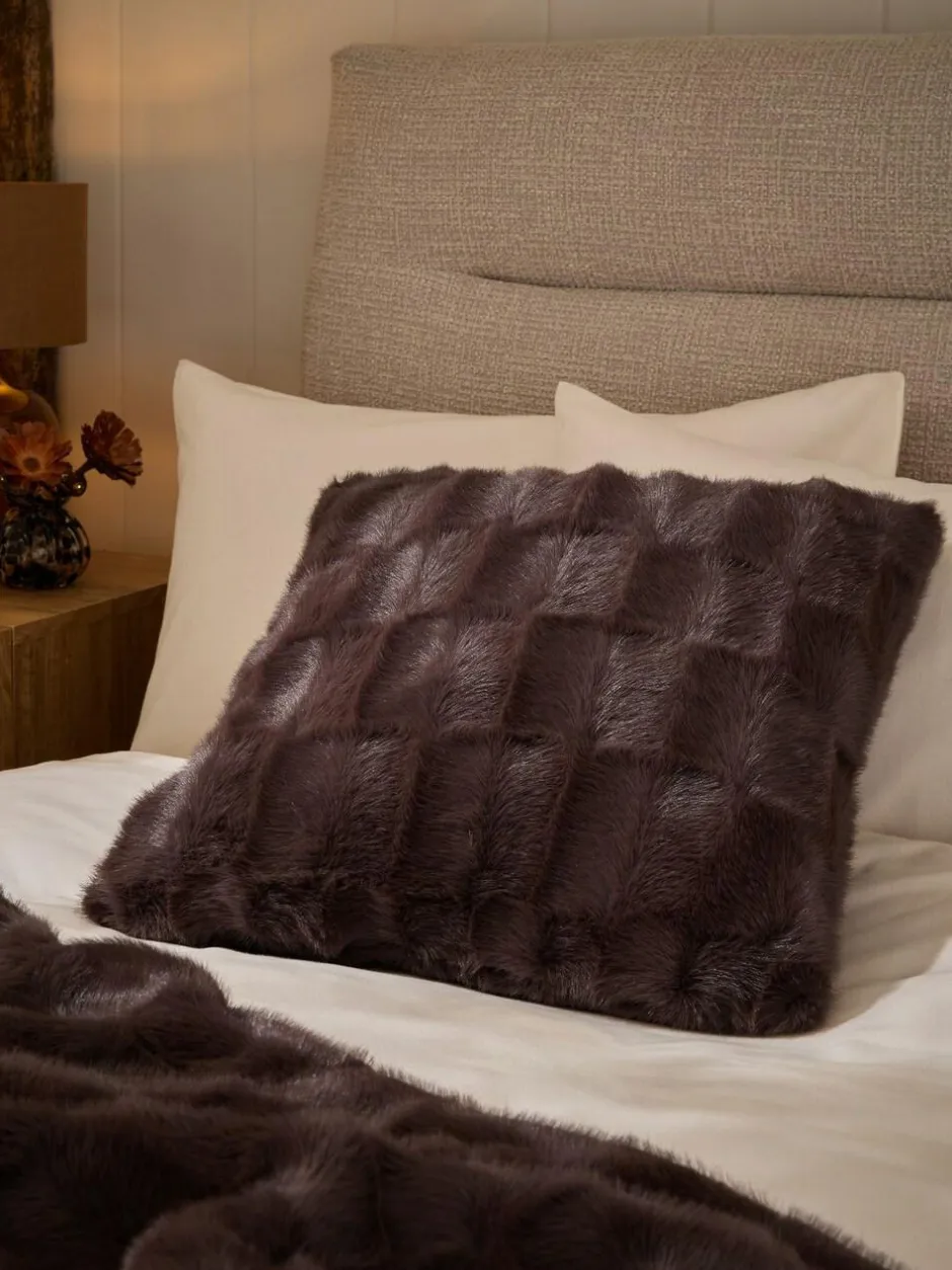 Next Textured Faux Fur Check Cushion Chocolate Brown Outlet