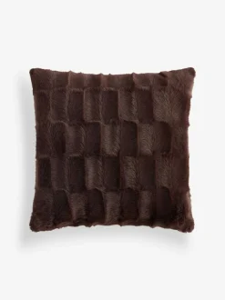 Next Textured Faux Fur Check Cushion Chocolate Brown Outlet