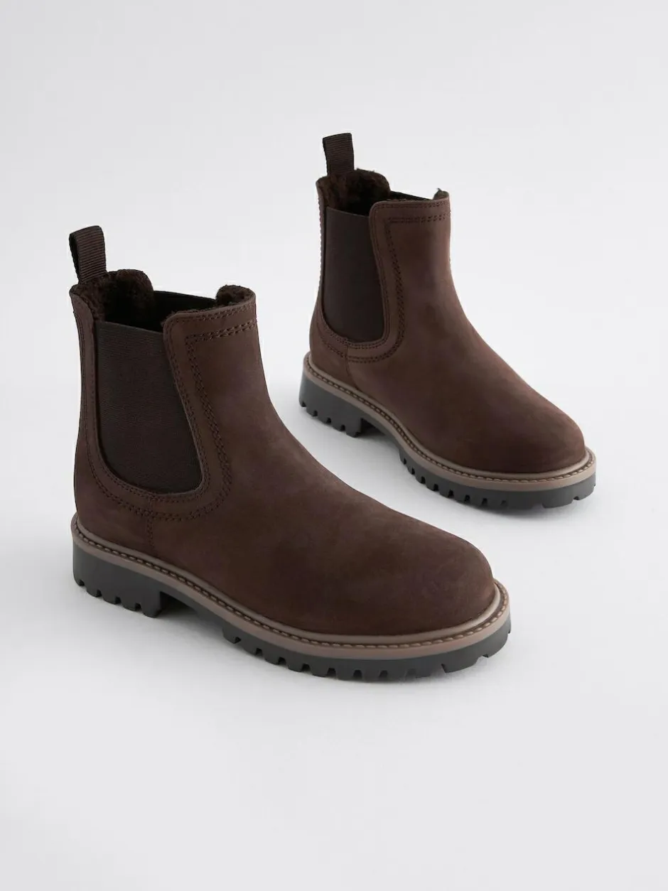 Next Wide Fit (G) Leather Warm Lined Chelsea Boots Chocolate Brown Online