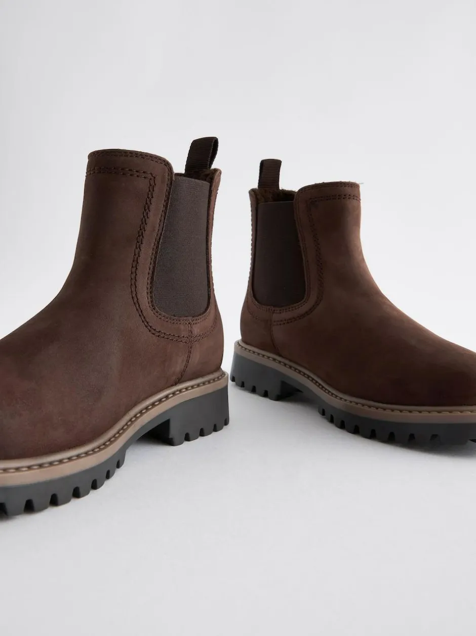 Next Wide Fit (G) Leather Warm Lined Chelsea Boots Chocolate Brown Online