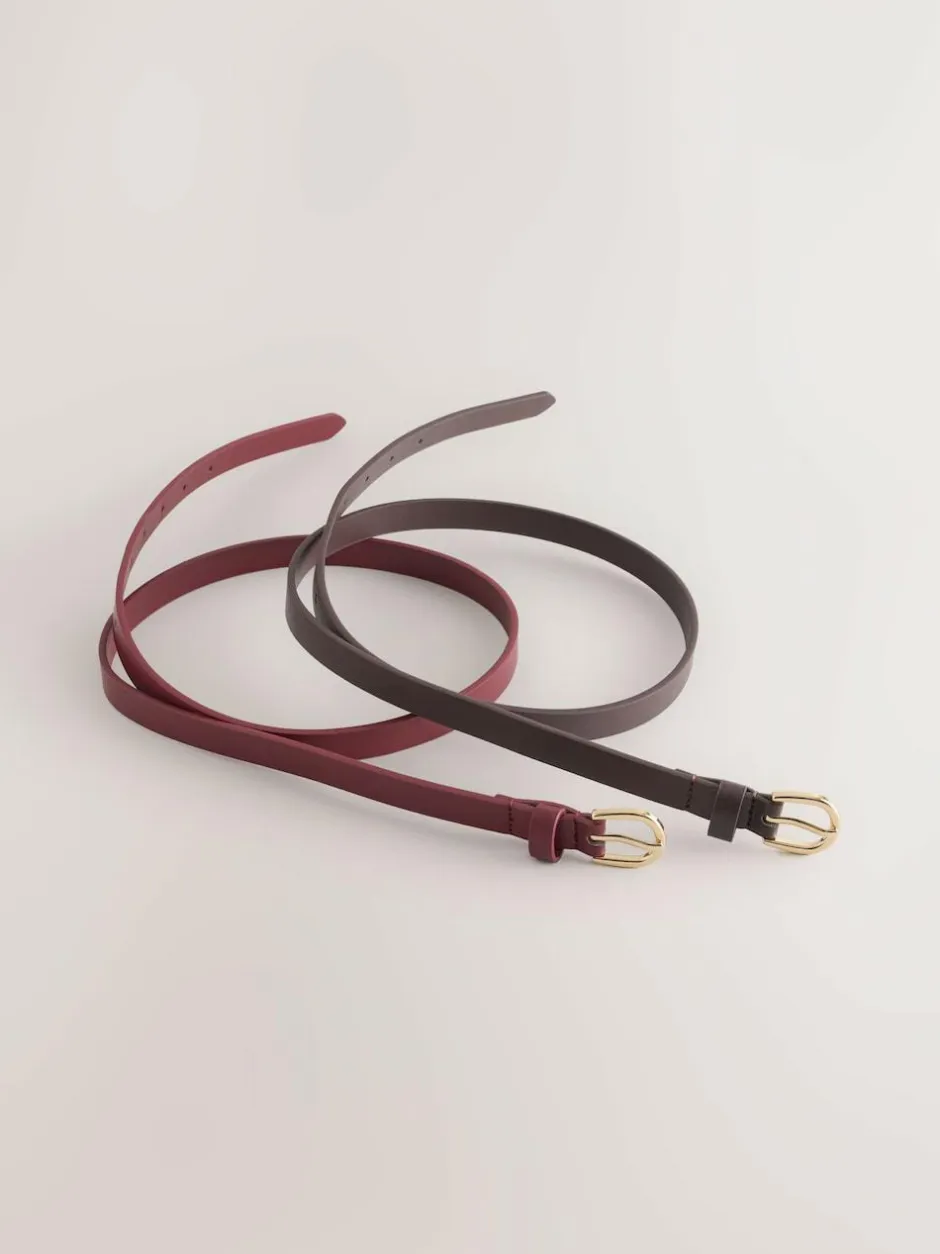 Next Chocolate Brown/Berry PU Skinny Belts 2 Pack