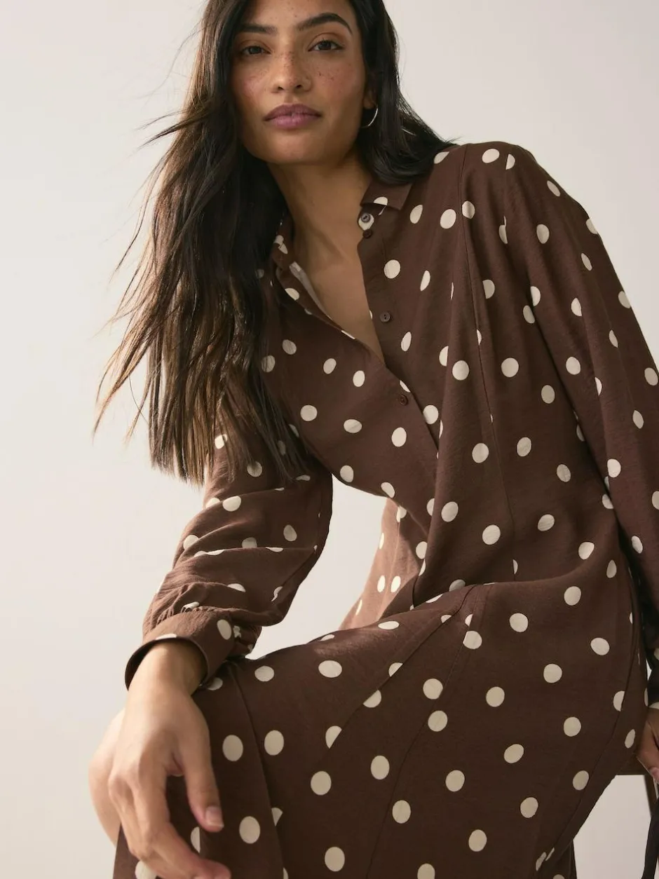 Next Printed Long Sleeve Shirt Dress Chocolate Brown/Ecru Polka Dot Sale
