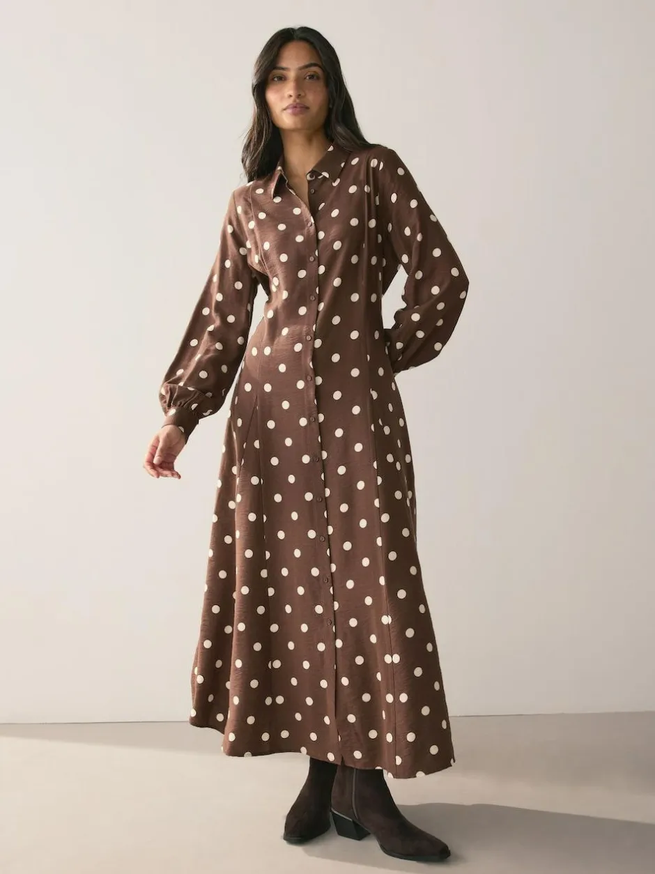 Next Printed Long Sleeve Shirt Dress Chocolate Brown/Ecru Polka Dot Sale