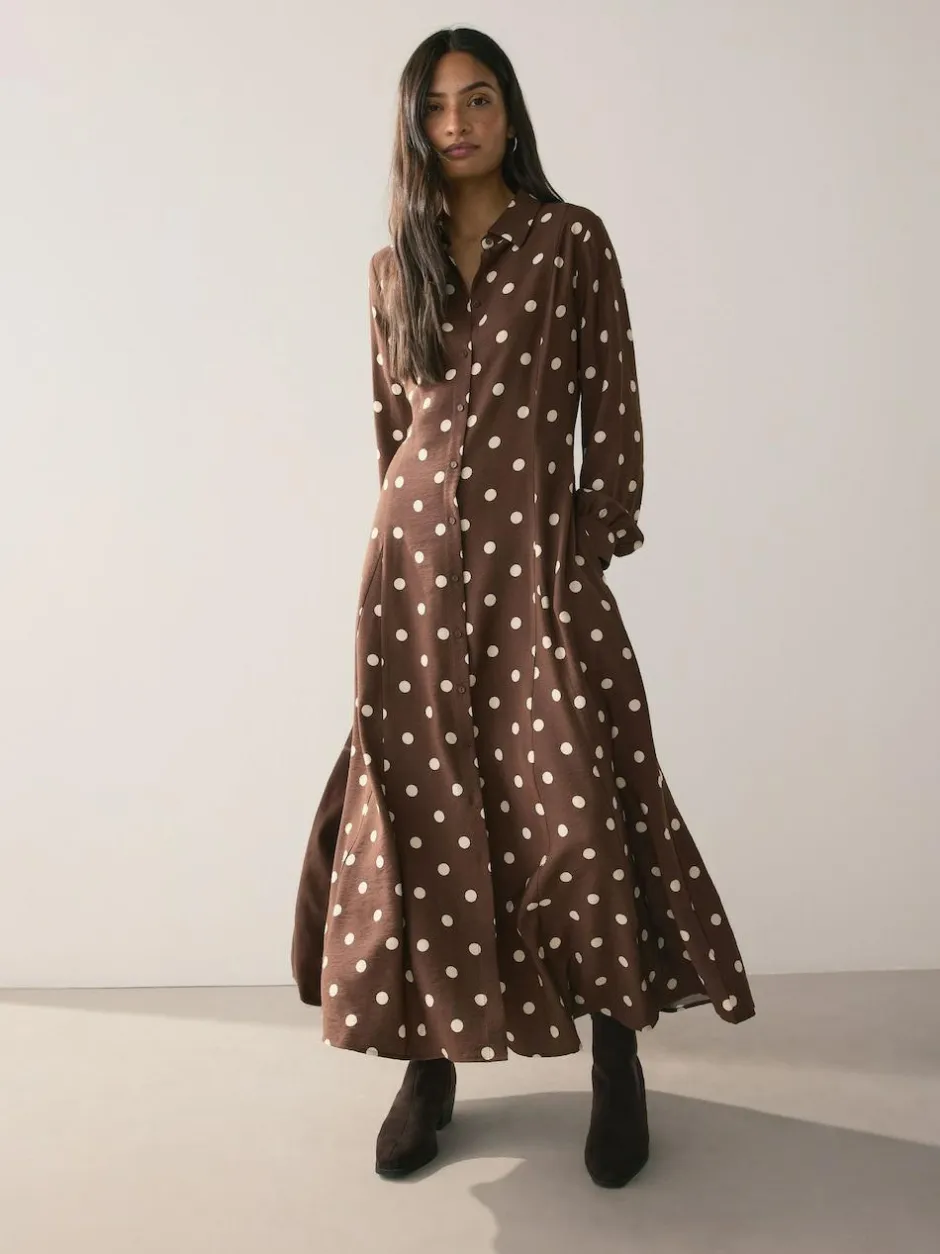 Next Printed Long Sleeve Shirt Dress Chocolate Brown/Ecru Polka Dot Sale
