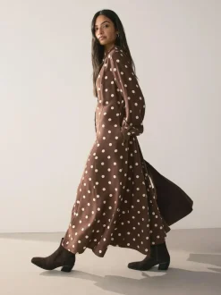 Next Printed Long Sleeve Shirt Dress Chocolate Brown/Ecru Polka Dot Sale