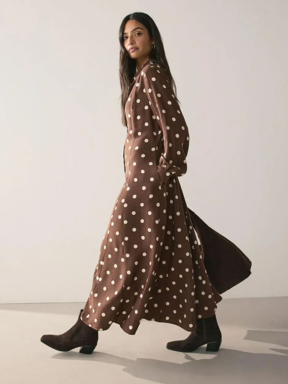 Next Printed Long Sleeve Shirt Dress Chocolate Brown/Ecru Polka Dot Sale