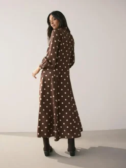 Next Printed Long Sleeve Shirt Dress Chocolate Brown/Ecru Polka Dot Sale