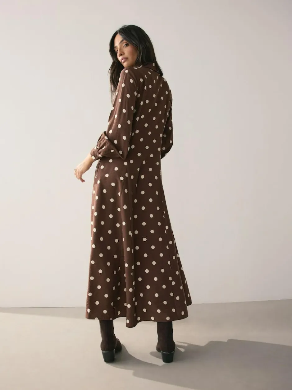 Next Printed Long Sleeve Shirt Dress Chocolate Brown/Ecru Polka Dot Sale