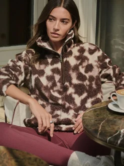 Next Chocolate Brown/Pink Leopard Soft Touch Cosy Teddy Borg Quarter Zip Fleece