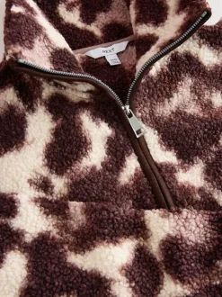 Next Chocolate Brown/Pink Leopard Soft Touch Cosy Teddy Borg Quarter Zip Fleece