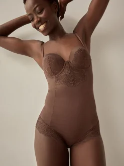 Next Firm Tummy Control Cupped Lace Body Chocolate Nude New