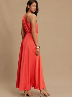Next Textured Satin Scarf Neck Midi Dress Coral Pink New