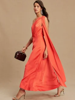 Next Textured Satin Scarf Neck Midi Dress Coral Pink New