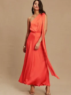 Next Textured Satin Scarf Neck Midi Dress Coral Pink New