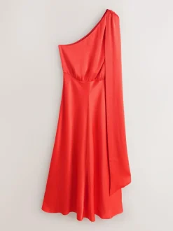 Next Textured Satin Scarf Neck Midi Dress Coral Pink New