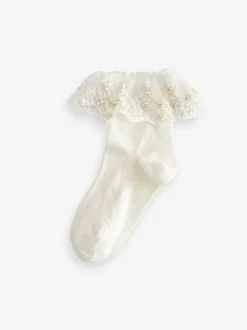 Next 2 Pack Cotton Rich Flower Girl Ruffle Ankle Socks Cream Outlet