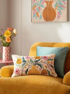 Next Cream 50 x 30cm Embroidered Flower Vase 100% Cotton 50 x 30cm Cushion Outlet