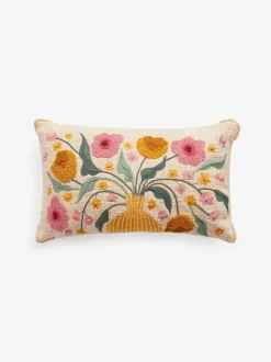 Next Cream 50 x 30cm Embroidered Flower Vase 100% Cotton 50 x 30cm Cushion Outlet