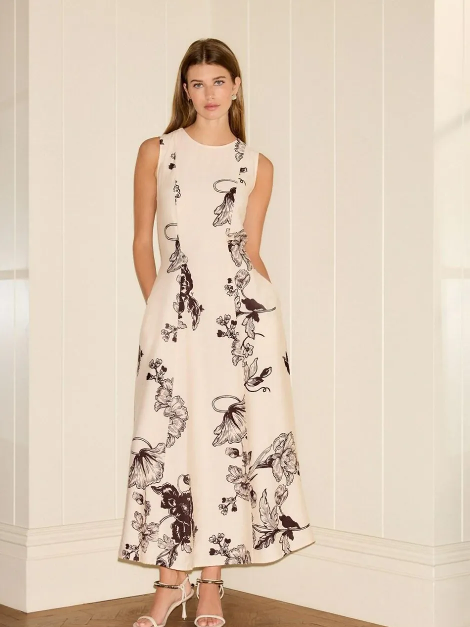 Next Sleeveless Column A-Line Maxi Dress Cream and Black Floral Print Sale