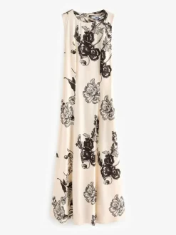 Next Sleeveless Column A-Line Maxi Dress Cream and Black Floral Print Sale