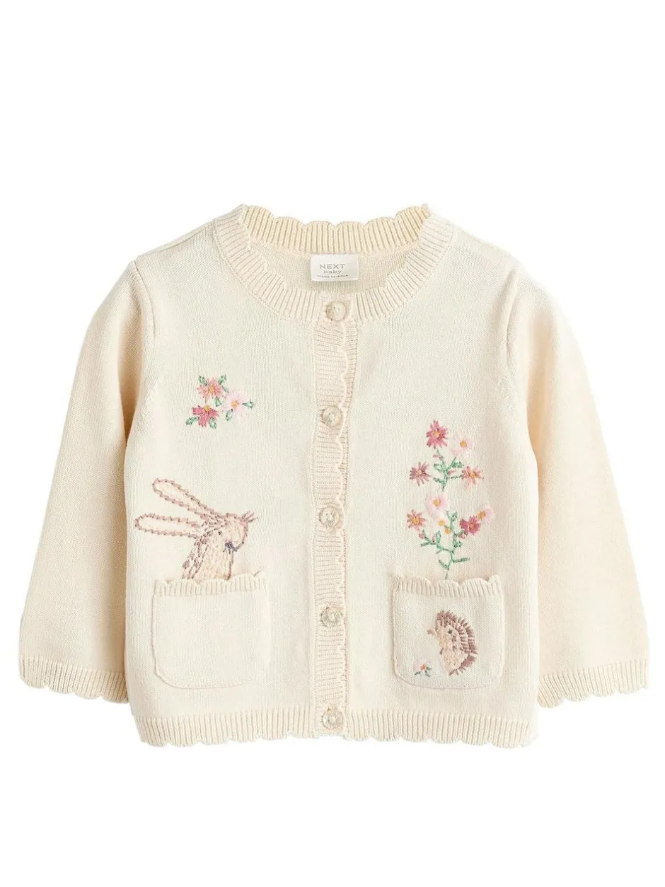 Next Cream Bunny 100% Cotton Pointelle Knitted Floral Flower Baby Cardigan (0mths-3yrs) New