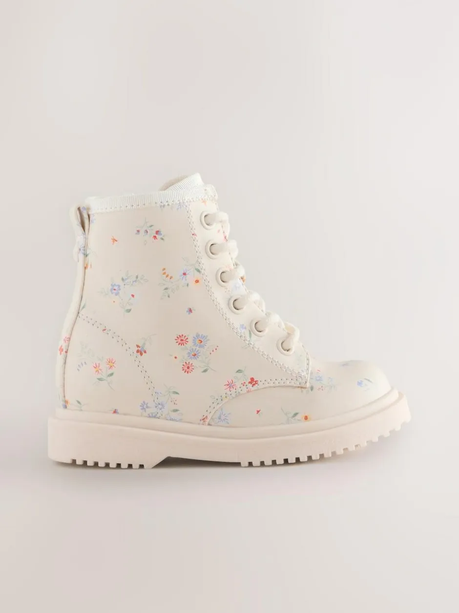 Next Wide Fit (G) Lace-Up Ankle Boots Cream Floral New