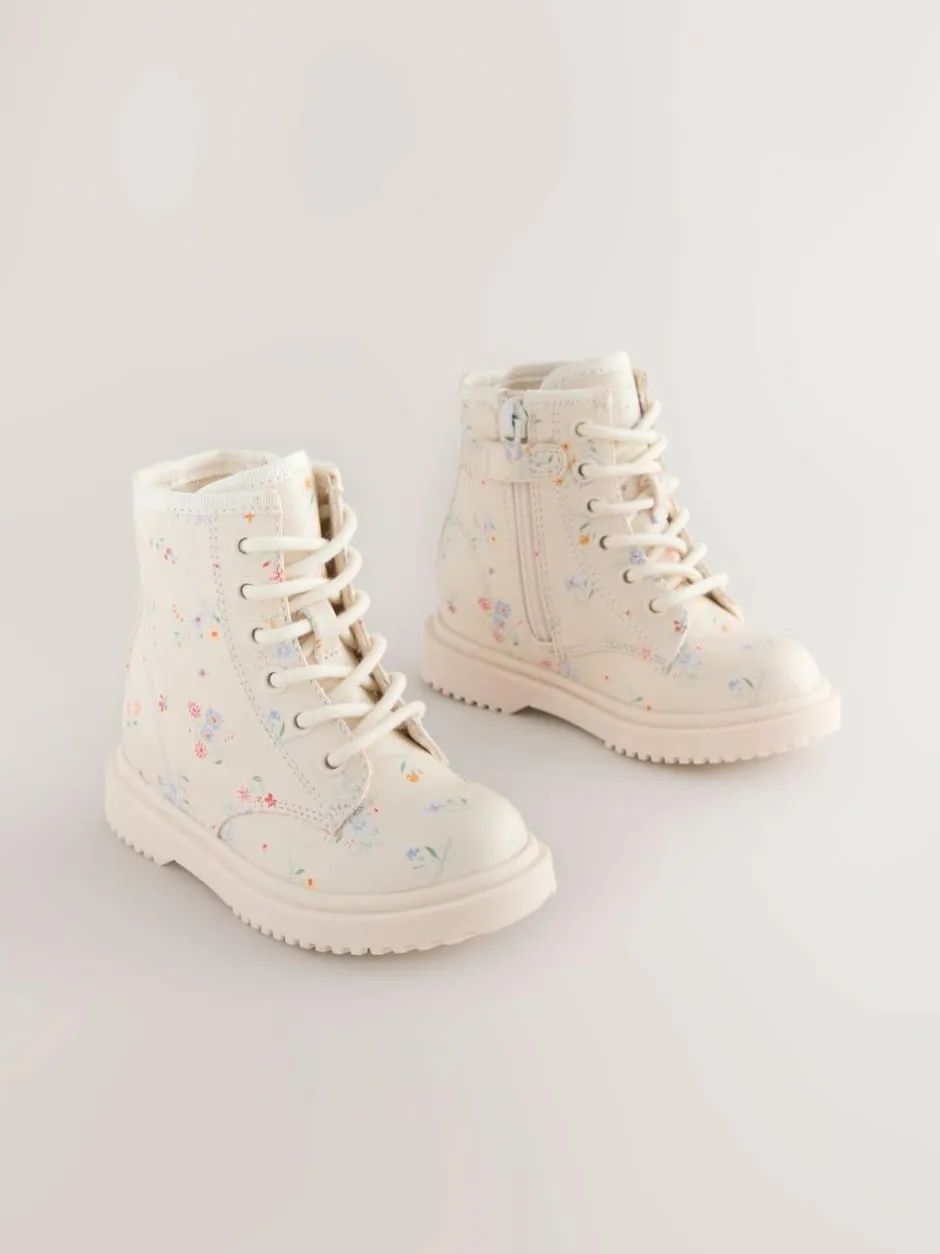 Next Wide Fit (G) Lace-Up Ankle Boots Cream Floral New