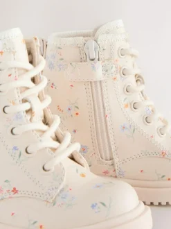 Next Wide Fit (G) Lace-Up Ankle Boots Cream Floral New