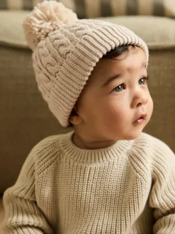 Next Knitted Cable Pom Beanie Cream New