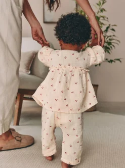 Next Baby Woven Long Sleeve Tops and Trousers 2 Piece Set (0mths-2yrs) Cream/ Red Cherry Outlet