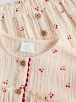 Next Baby Woven Long Sleeve Tops and Trousers 2 Piece Set (0mths-2yrs) Cream/ Red Cherry Outlet
