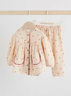 Next Baby Woven Long Sleeve Tops and Trousers 2 Piece Set (0mths-2yrs) Cream/ Red Cherry Outlet