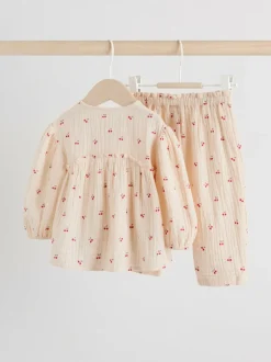 Next Baby Woven Long Sleeve Tops and Trousers 2 Piece Set (0mths-2yrs) Cream/ Red Cherry Outlet